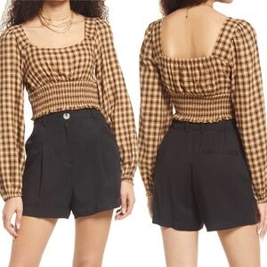 NEW 2021 Nordstrom Dreamy Smocked Long Sleeve Crop Top Plaid Brown Black Size 2X